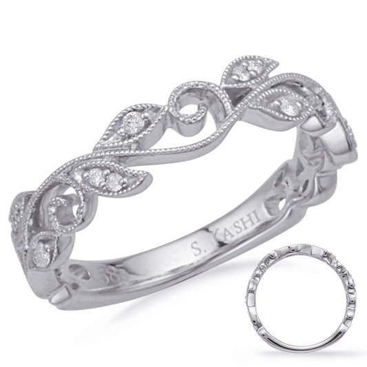 This Band is available in 14K White Gold. There are a total of 12 stones. There are Round with a total carat weight of 0.08 set in a Micro Prong|Shared Prongs setting.