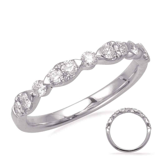This Band is available in 14K White Gold. There are a total of 11 stones. There are Round with a total carat weight of 0.44 set in a Micro Prong|Prong Set setting.