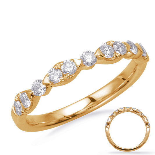 This Band is available in 14K Yellow Gold. There are a total of 11 stones. There are Round with a total carat weight of 0.44 set in a Micro Prong|Prong Set setting.