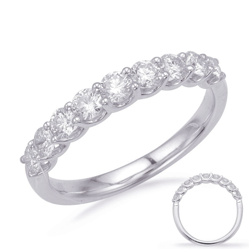 This Band is available in 14K White Gold. There are a total of 9 stones. There are Round with a total carat weight of 0.72 set in a Prong Set|Shared Prongs setting.