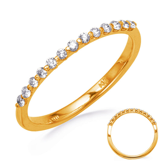 This Band is available in 14K Yellow Gold. There are a total of 13 stones. There are Round with a total carat weight of 0.18 set in a Micro Prong setting.