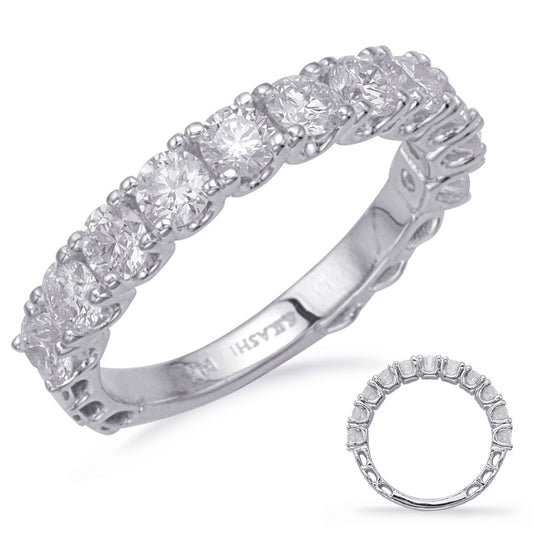 This Band is available in 14K White Gold. There are a total of 11 stones. There are Round with a total carat weight of 1.35 set in a Prong Set setting.