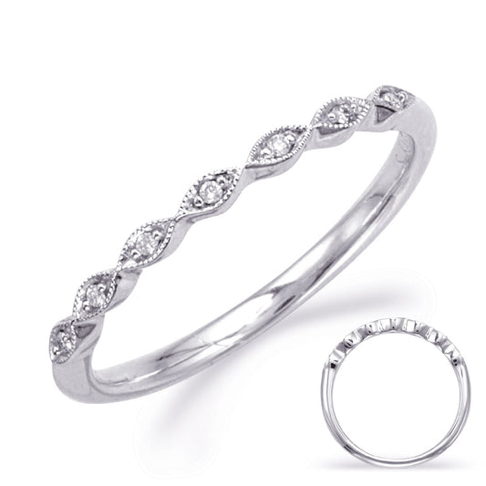 This Band is available in 14K White Gold. There are a total of 7 stones. There are Round with a total carat weight of 0.03 set in a Micro Prong|Prong Set setting.