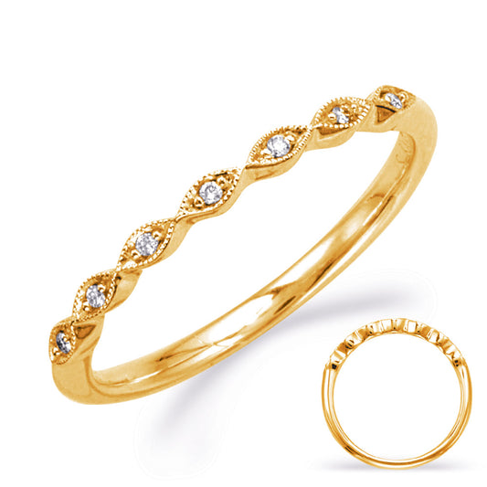 This Band is available in 14K Yellow Gold. There are a total of 7 stones. There are Round with a total carat weight of 0.03 set in a Micro Prong|Prong Set setting.