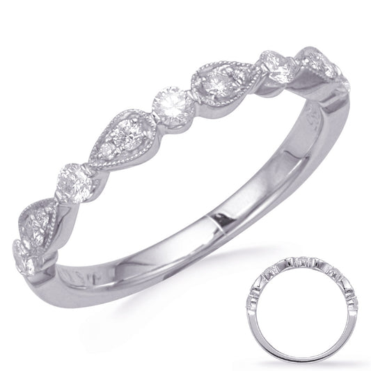 This Band is available in 14K White Gold. There are a total of 13 stones. There are Round with a total carat weight of 0.28 set in a Micro Prong|Prong Set|Shared Prongs setting.