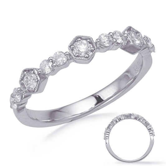 This Band is available in 14K White Gold. There are a total of 11 stones. There are Round with a total carat weight of 0.33 set in a Micro Prong|Prong Set|Shared Prongs setting.