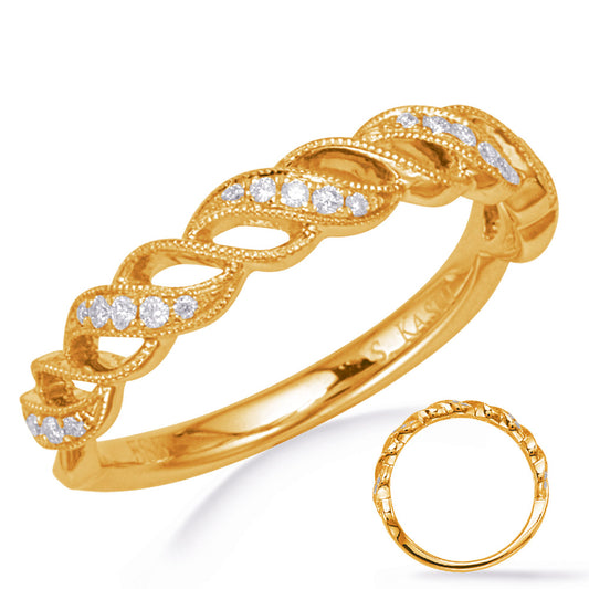This Band is available in 14K Yellow Gold. There are a total of 27 stones. There are Round with a total carat weight of 0.11 set in a Micro Prong setting.