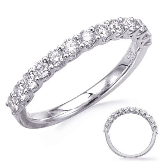 This Band is available in 14K White Gold. There are a total of 13 stones. There are Round with a total carat weight of 0.59 set in a Micro Prong setting.