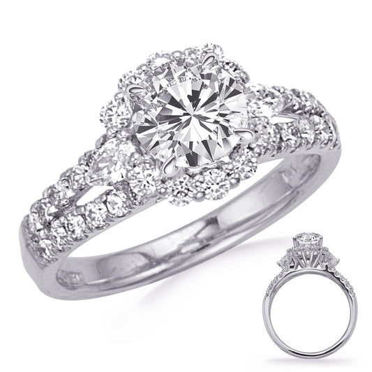 This Engagement Ring is available in 14K White Gold. There are a total of 36 stones. There are Pear Shape with a total carat weight of 0.22 set in a Micro Pave|Prong Set setting.There are Rounds stones with a total carat weight of 0.63 set in a Micro Pave|Prong Set.