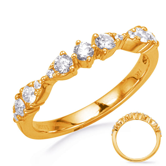 This Band is available in 14K Yellow Gold. There are a total of 13 stones. There are Round with a total carat weight of 0.44 set in a Micro Pave|Prong Set setting.