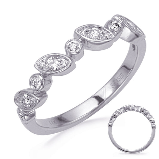 This Band is available in 14K White Gold. There are a total of 17 stones. There are Round with a total carat weight of 0.26 set in a Bezel Set|Micro Pave setting.