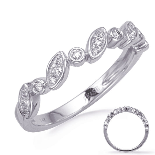 This Band is available in 14K White Gold. There are a total of 19 stones. There are Round with a total carat weight of 0.19 set in a Bezel Set|Micro Pave setting.