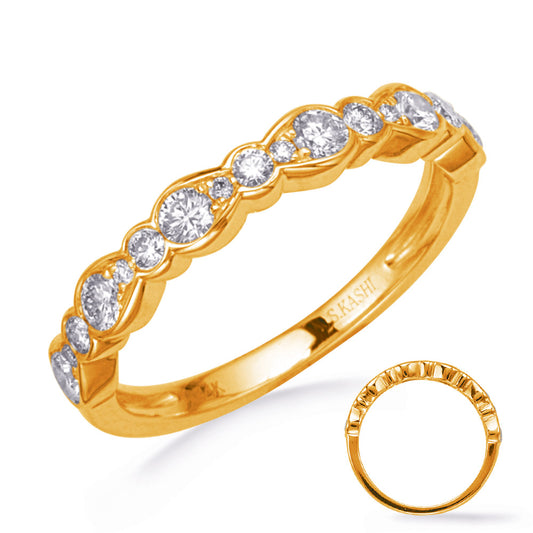 This Band is available in 14K Yellow Gold. There are a total of 17 stones. There are Round with a total carat weight of 0.49 set in a Bezel Set|Micro Pave setting.