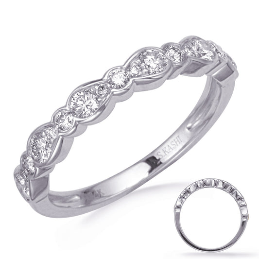 This Band is available in 14K White Gold. There are a total of 17 stones. There are Round with a total carat weight of 0.49 set in a Bezel Set|Micro Pave setting.