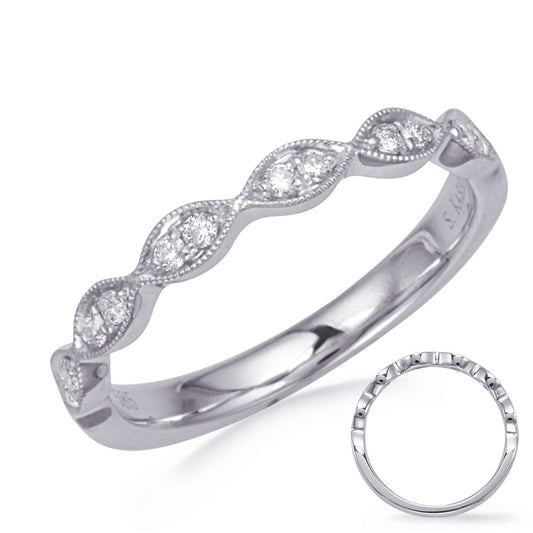 This Band is available in 14K White Gold. There are a total of 12 stones. There are Round with a total carat weight of 0.13 set in a Micro Pave|Micro Prong setting.