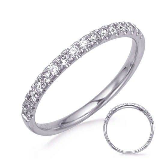 This Band is available in 14K White Gold. There are a total of 16 stones. There are Round with a total carat weight of 0.29 set in a Micro Prong setting.