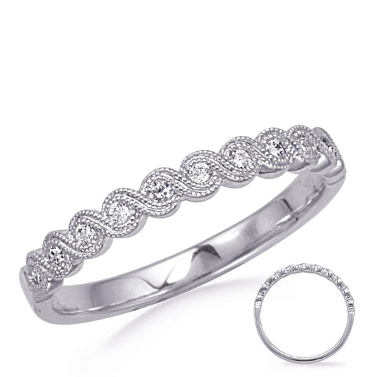 This Band is available in 14K White Gold. There are a total of 11 stones. There are Round with a total carat weight of 0.12 set in a Bezel Set setting.