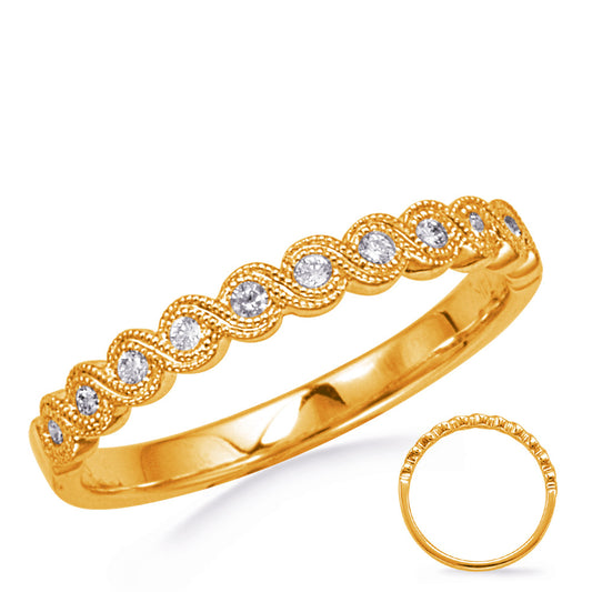 This Band is available in 14K Yellow Gold. There are a total of 11 stones. There are Round with a total carat weight of 0.12 set in a Bezel Set setting.