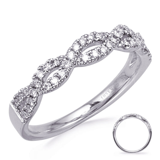This Band is available in 14K White Gold. There are a total of 40 stones. There are Round with a total carat weight of 0.27 set in a Micro Prong setting.
