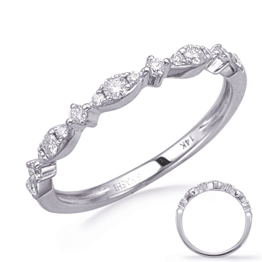 This Band is available in 14K White Gold. There are a total of 15 stones. There are Round with a total carat weight of 0.22 set in a Micro Pave|Prong Set setting.