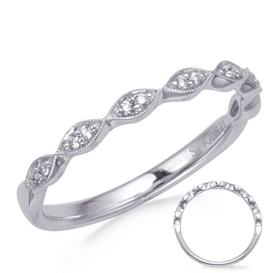 This Band is available in 14K White Gold. There are a total of 14 stones. There are Round with a total carat weight of 0.08 set in a Micro Prong setting.