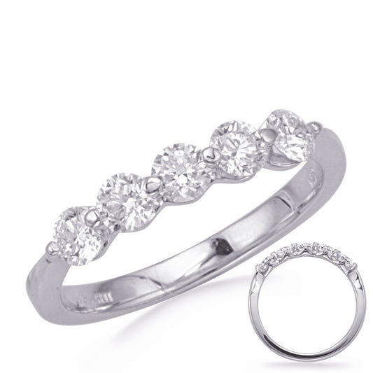 This Band is available in 14K White Gold. There are a total of 5 stones. There are Round with a total carat weight of 0.8 set in a Shared Prongs setting.