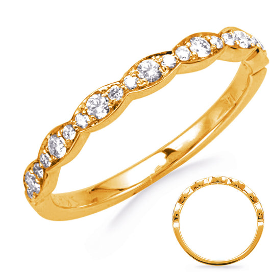 This Band is available in 14K Yellow Gold. There are a total of 21 stones. There are Round with a total carat weight of 0.23 set in a Micro Prong setting.