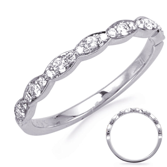 This Band is available in 14K White Gold. There are a total of 21 stones. There are Round with a total carat weight of 0.26 set in a Micro Prong setting.