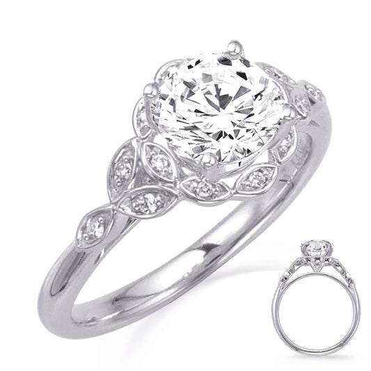 This Engagement Ring is available in 14K White Gold. There are a total of 14 stones. There are Rounds with a total carat weight of 0.08 set in a Micro Prong setting.