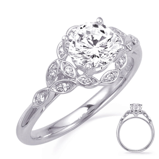 This Engagement Ring is available in 14K White Gold. There are a total of 14 stones. There are Rounds with a total carat weight of 0.08 set in a Micro Prong setting.