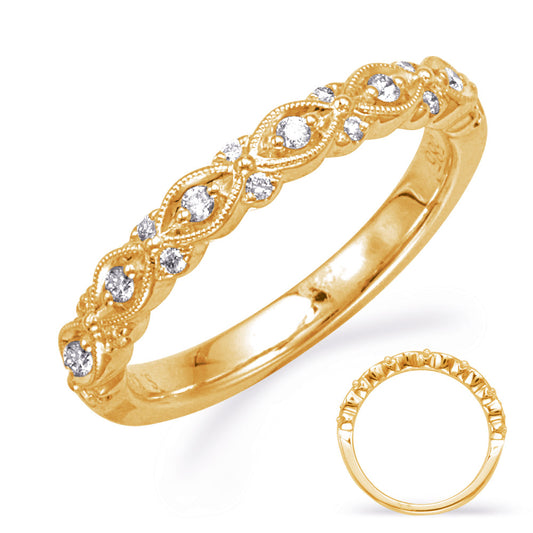 This Band is available in 14K Yellow Gold. There are a total of 20 stones. There are Round with a total carat weight of 0.18 set in a Channel Set|Prong Set setting.