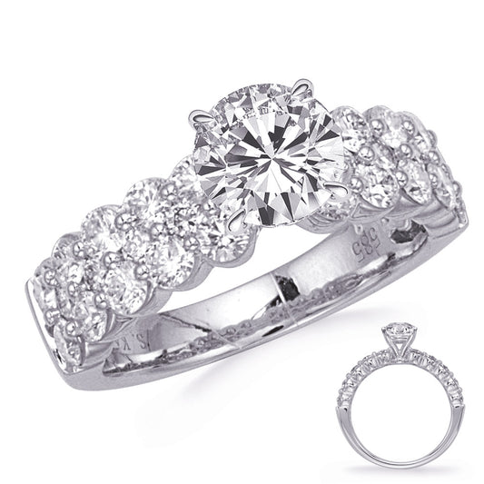 This Engagement Ring is available in 14K White Gold. There are a total of 28 stones. There are Rounds with a total carat weight of 1.89 set in a setting.