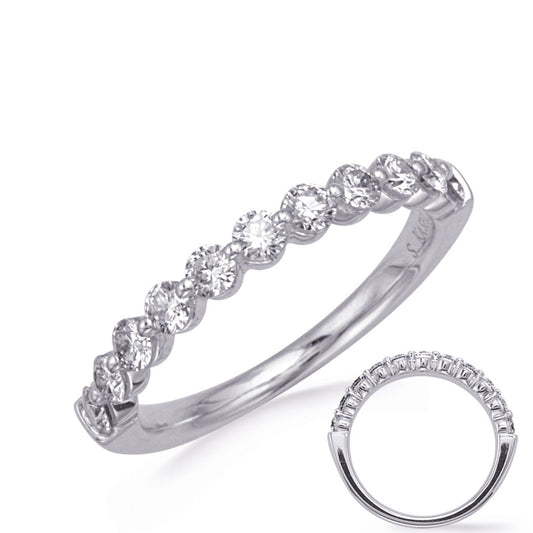 This Band is available in 14K White Gold. There are a total of 11 stones. There are Round with a total carat weight of 0.71 set in a Shared Prongs setting.