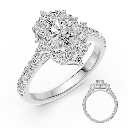 This Engagement Ring is available in 14K White Gold. There are a total of 34 stones. There are Marquise with a total carat weight of 0.25 set in a setting.There are Rounds stones with a total carat weight of 0.34 set in a .