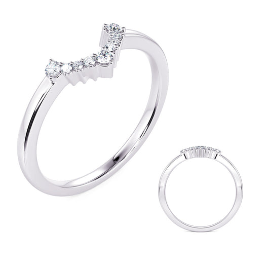 This Band is available in 14K White Gold. There are a total of 9 stones. There are Round with a total carat weight of 0.07 set in a Prong Set setting.