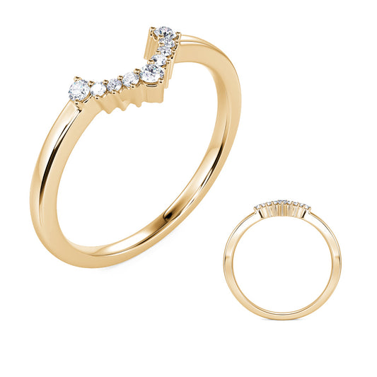 This Band is available in 14K Yellow Gold. There are a total of 9 stones. There are Round with a total carat weight of 0.07 set in a Prong Set setting.