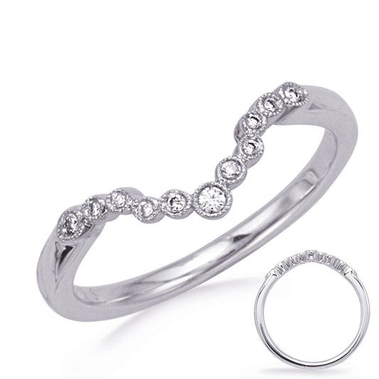 This Band is available in 14K White Gold. There are a total of 11 stones. There are Round with a total carat weight of 0.07 set in a Bezel Set setting.