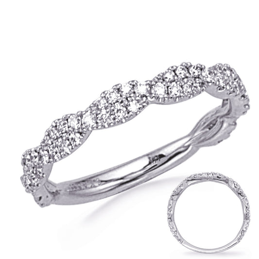 This Band is available in 14K White Gold. There are a total of 64 stones. There are Round with a total carat weight of 0.43 set in a Micro Prong setting.