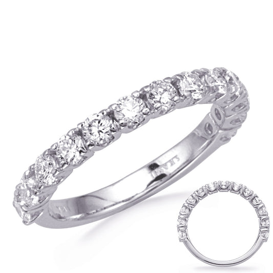 This Band is available in 14K White Gold. There are a total of 13 stones. There are Round with a total carat weight of 1.08 set in a Prong Set setting.