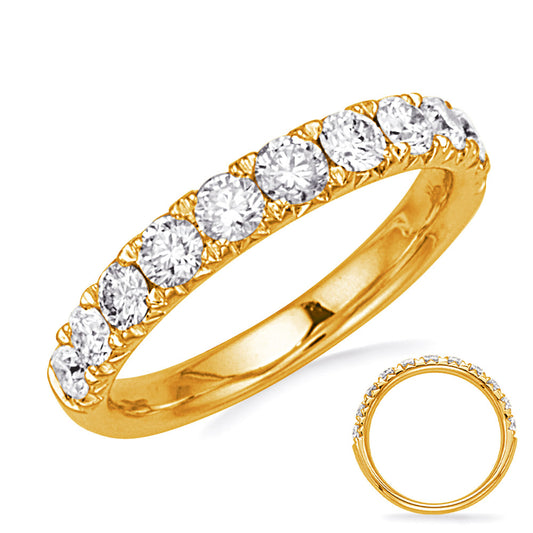 This Band is available in 14K Yellow Gold. There are a total of 11 stones. There are Round with a total carat weight of 1 set in a Bezel Set|Micro Prong setting.