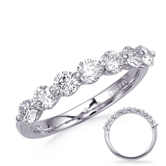 This Band is available in 14K White Gold. There are a total of 7 stones. There are Round with a total carat weight of 1.05 set in a setting.