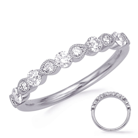 This Band is available in 14K White Gold. There are a total of 11 stones. There are Round with a total carat weight of 0.48 set in a Micro Prong setting.