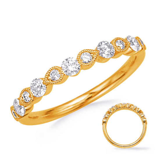 This Band is available in 14K Yellow Gold. There are a total of 11 stones. There are Round with a total carat weight of 0.48 set in a Micro Prong setting.
