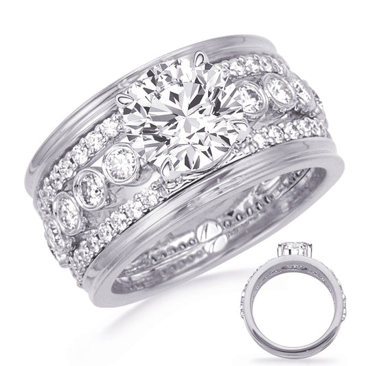 This Engagement Ring is available in 14K White Gold. There are a total of 46 stones. There are Rounds with a total carat weight of 0.85 set in a Bezel Set|Prong Set setting.