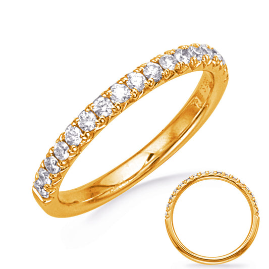 This Band is available in 14K Yellow Gold. There are a total of 17 stones. There are Round with a total carat weight of 0.3 set in a Micro Prong setting.