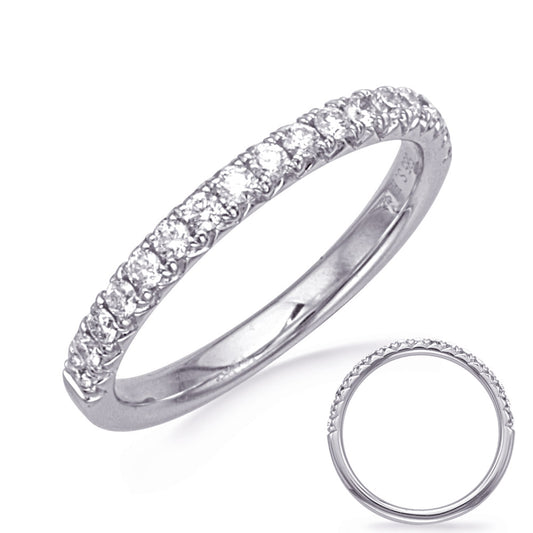 This Band is available in 14K White Gold. There are a total of 17 stones. There are Round with a total carat weight of 0.37 set in a Micro Prong setting.