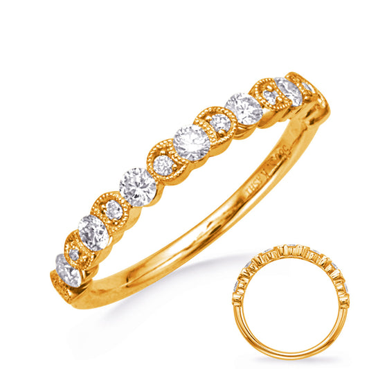 This Band is available in 14K Yellow Gold. There are a total of 15 stones. There are Round with a total carat weight of 0.45 set in a Channel Set|Micro Prong setting.