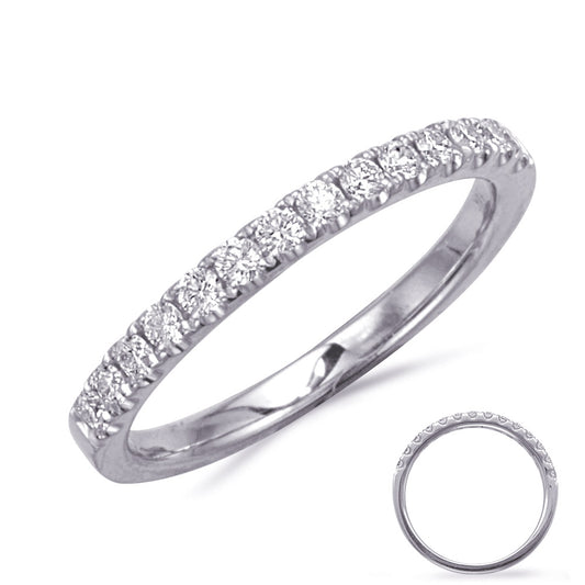 This Band is available in 14K White Gold. There are a total of 14 stones. There are Round with a total carat weight of 0.3 set in a Micro Prong setting.