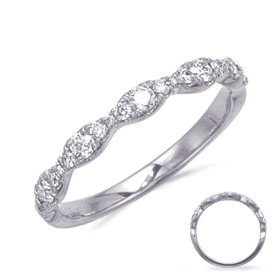 This Band is available in 14K White Gold. There are a total of 21 stones. There are Round with a total carat weight of 0.37 set in a Prong Set setting.