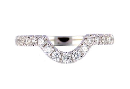 This Band is available in 14K White Gold. There are a total of 17 stones. There are Round with a total carat weight of 0.38 set in a Prong Set setting.